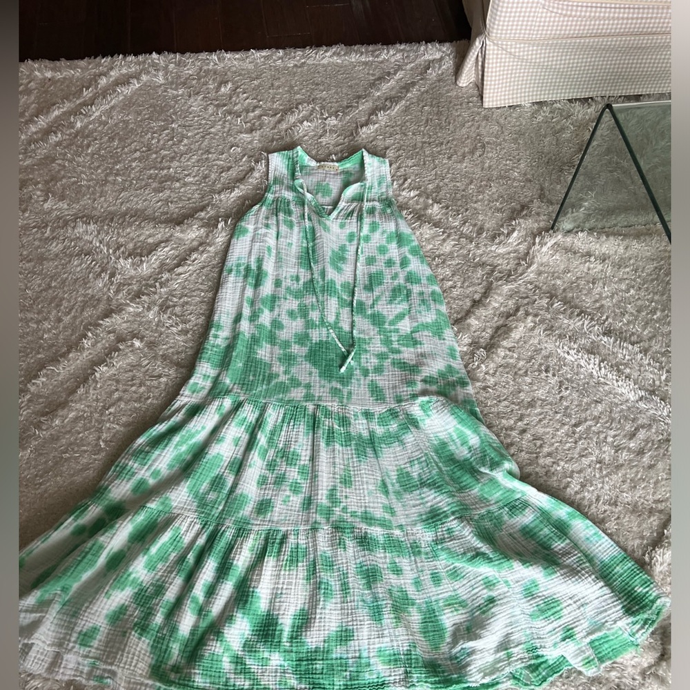 STARK X cotton gauze green tie dye maxi v neck sleeveless dress